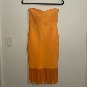 Strapless orange frayed dress